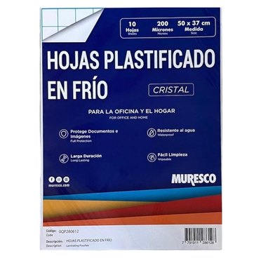 PLANCHAS PLASTIFICAR EN FRIO MURESCO 200 MIC 37X50CM          